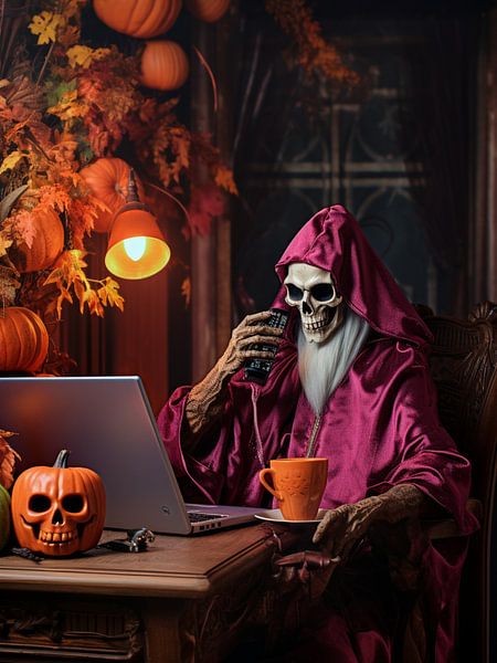 surreal Halloween skeleton monk cowl laptop pumpkin by gm_designs