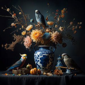 Nature morte de perruches autour d'un vase bleu de Delft avec des fleurs dans le style des maîtres anciens