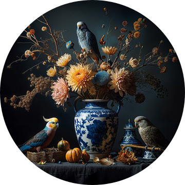 Stilleven met parkieten en Delfts blauwe bloemenvaas  Digitale kunst in Oude Meesters stijl van Dutch Art Works