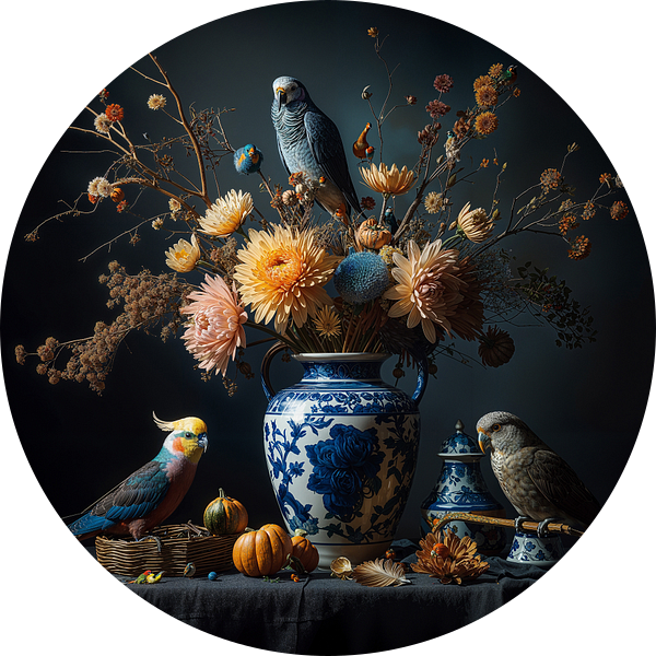 Stilleven met parkieten en Delfts blauwe bloemenvaas  Digitale kunst in Oude Meesters stijl van Dutch Art Works