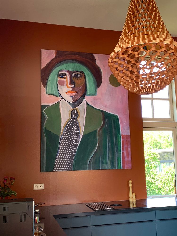 Female portrait in pink and green with hat and tie | painting | artwork  by   