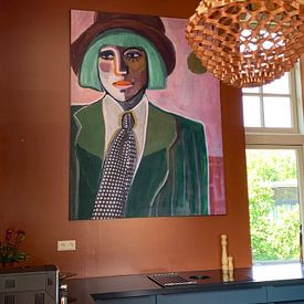 Customer photo: Female portrait in pink and green with hat and tie | painting | artwork by Renske, on artframe