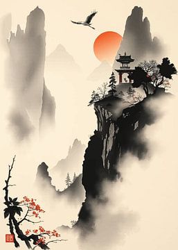 Peinture à l'encre japonaise paysage - Art de la sérénité culturelle