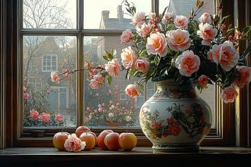 schilderachtig stilleven met bloemen voor het raam van Egon Zitter