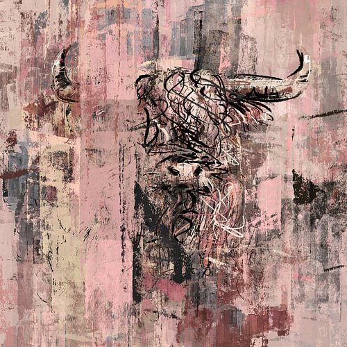 Schotse hooglander semi abstract in roze en taupe
