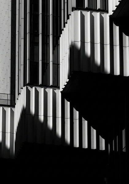 Zwart-witte gebouwgevel met verticale panelen en schaduwen van Markus Gann