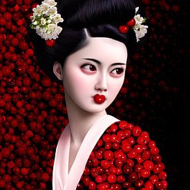 Surreal Geisha in front of a wall of red cherries by Britta Glodde