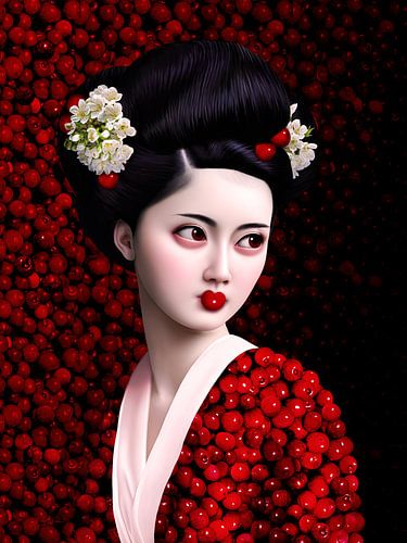 Surreal Geisha in front of a wall of red cherries