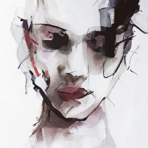 Portrait abstrait en noir et blanc, avec une pincée de rouge