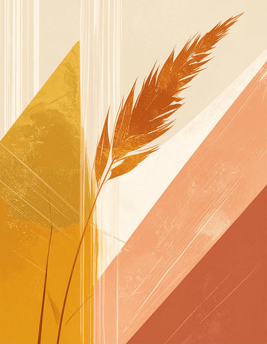 Abstract Nature Botanical Print | Minimalist Geometric Shapes with Golden Grass Reed in Warm Earth Tones