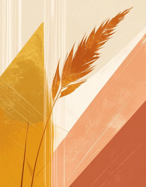 Abstrakte Natur Botanical Print | Minimalistische geometrische Formen mit goldenem Gras Schilf in warmen Erdtönen von Aditya Sandi Sasono