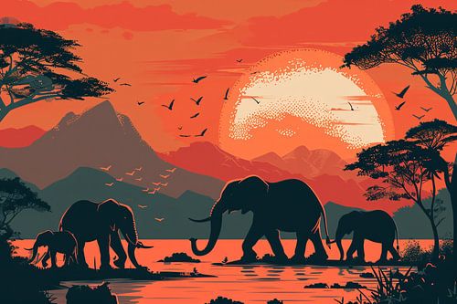 Olifanten bij zonsondergang