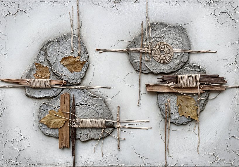 Mixed Media Art with Stone, Wood, Leaves, and String by Markus Gann
