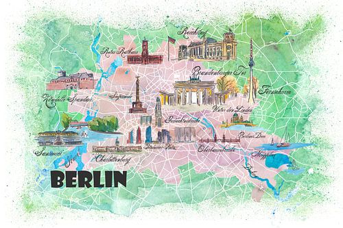 Carte illustrée de Berlin avec les curiosités et les points forts des rues principales