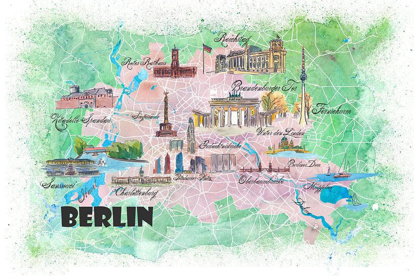 Geïllustreerde kaart van Berlijn met bezienswaardigheden en hoogtepunten van de belangrijkste strate van Markus Bleichner