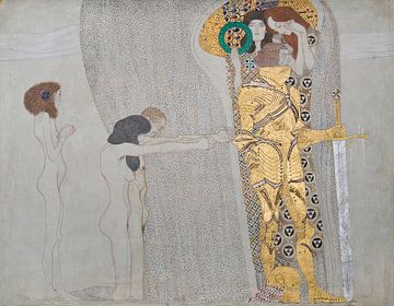 Gustav Klimt - Beethovenfries; ‘Die Leiden der schwachen Menschheit’ und ‘Der wohlgerüstete Starke’ (Tafel 3, linke Langwand) (1901) von Peter Balan