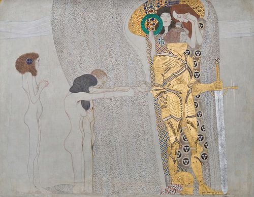 Gustav Klimt - Beethovenfries; ‘Die Leiden der schwachen Menschheit’ und ‘Der wohlgerüstete Starke’ (Tafel 3, linke Langwand) (1901)