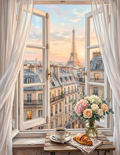 Décoration murale « Vue depuis une fenêtre parisienne » - Toile représentant la Tour Eiffel sur haroulita
