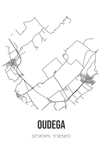 Oudega (Fryslan) | Map | Black and white by Prints of Place