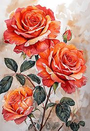 Leuchtend orange-rote Rosen in Blüte von Artistic