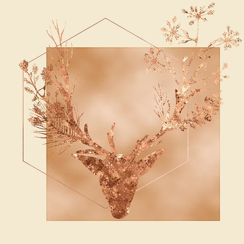 Een gouden jachttrofee van een hert aan de muur