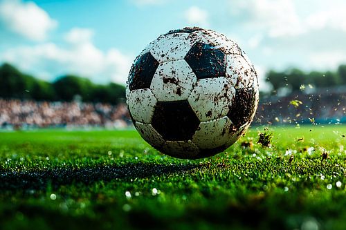 Modderige voetbal op groen gras