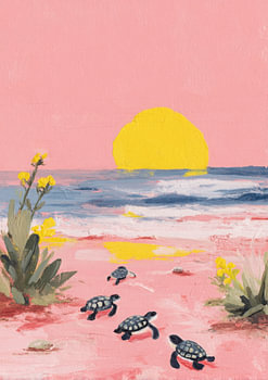 Minimalistische babyschildpadden op het strand