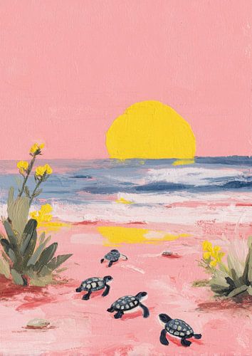 Minimalistische babyschildpadden op het strand