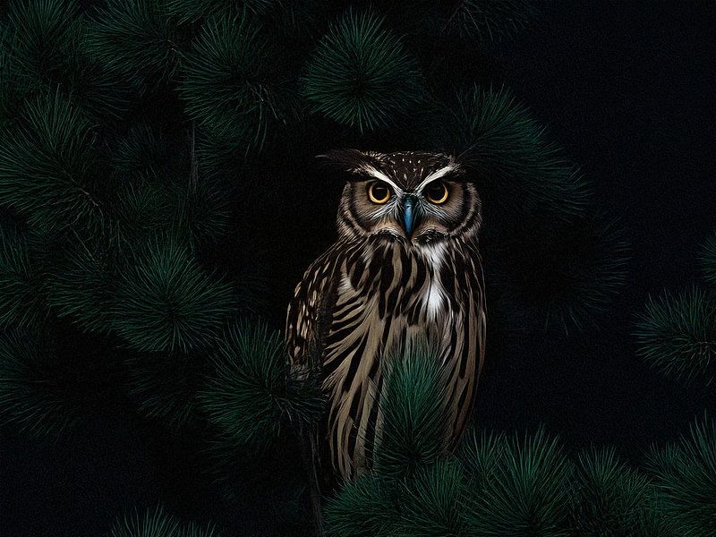 Owl In Needle Tree by Digital Picture Bakery