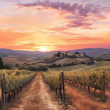 Coucher de soleil rustique | Coucher de soleil sur les vignes sur Peinture Abstraite