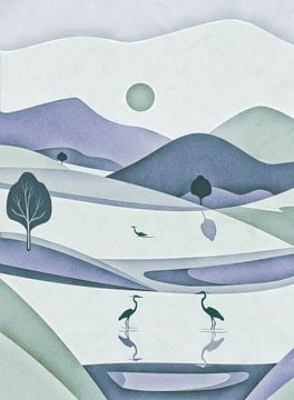 Hills, water and herons - minimalism (4) by Anna Marie de Klerk