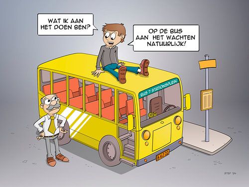 Cartoon; wachten op de bus