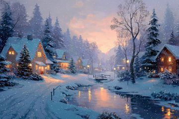 Kerstdorp aan Rivier Warme Lichtjes in Sneeuwval van Eva Lee
