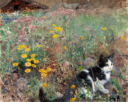 Bruno Liljefors. Kat op een bloemrijke weide