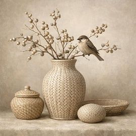 Geweven rust – landelijk stilleven met vogel en bessenkruik van Kleurenrijk