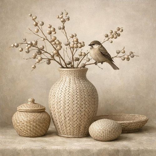 Geweven rust – landelijk stilleven met vogel en bessenkruik