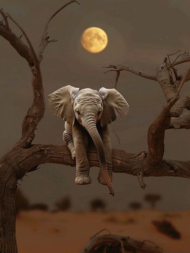 Olifant in een boom onder de maan