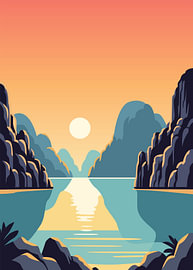 Minimalist nature vector abstract landscape illustration of an island, a lake, and the sun by Adam Khabibi