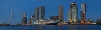 Panorama foto van de Rotterdamse skyline met de Erasmusbrug, de Kop van Zuid en het cruiseschip MS R van Leo Luijten thumbnail