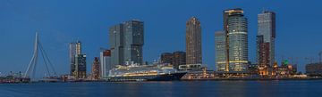 Panorama foto van de Rotterdamse skyline met de Erasmusbrug, de Kop van Zuid en het cruiseschip MS R