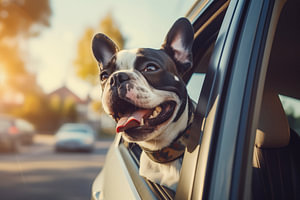 Kopf eines glücklichen Mops Hundes, der aus dem Autofenster schaut.