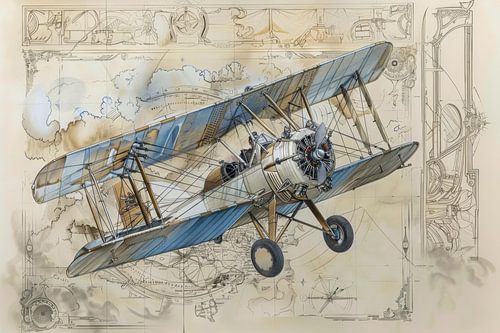 Detailed drawing of a vintage double-decker aircraft - 