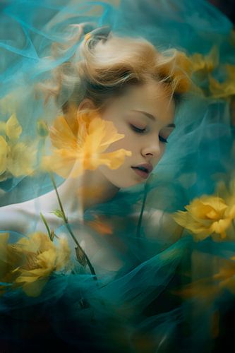 Fotokunst Gele Bloemen in Blauwe Tule – Dromerig en Poëtisch