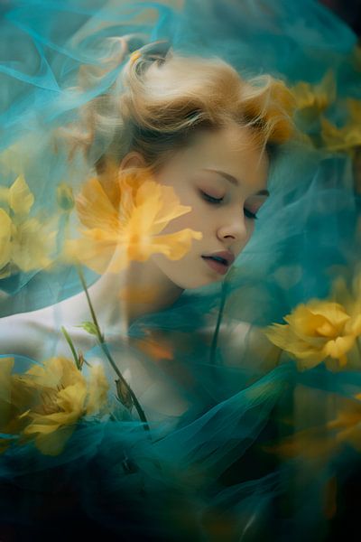 Photo Art Yellow Flowers in Blue Tulle – Dreamy and Poetic by Joriali photography and paintings