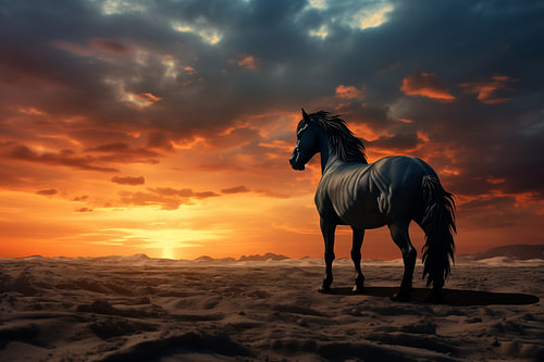 A black horse at sunset on a sandy beach