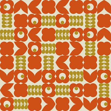 Retro 70s vintage stijl kunstwerk in mosterdgeel, oranje, wit van Dina Dankers