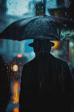 Man in de regen, mystieke sfeer van fernlichtsicht