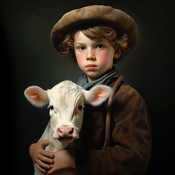 Portret boeren jongen met kalfje 3