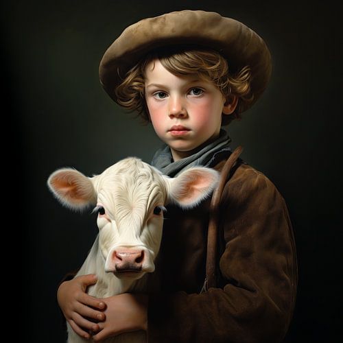 Portret boeren jongen met kalfje 3