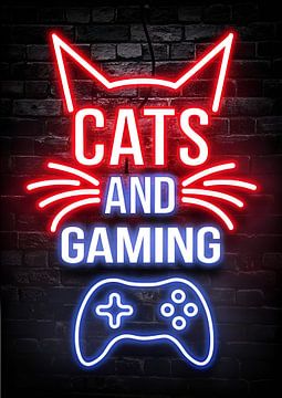 Cats and Gaming with Controller in Neon Lights at Bricks Wall by Modern Art24
